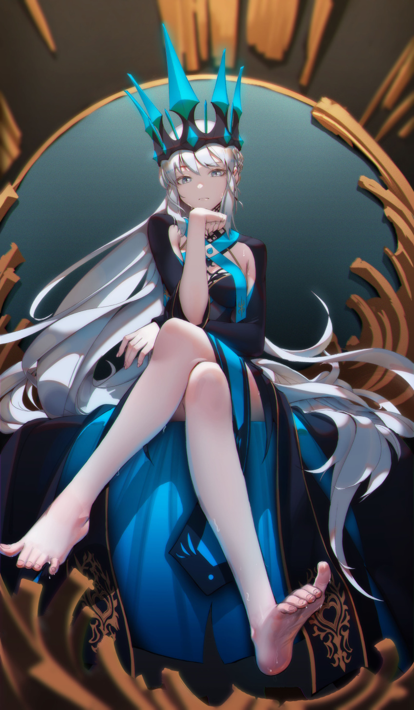 1girl absurdres bare_legs barefoot black_dress blue_dress breasts closed_mouth commentary crossed_legs crown dress fate/grand_order fate_(series) feet full_body grey_eyes grey_hair hand_up highres ksb_(qwop03) legs long_hair long_sleeves looking_at_viewer medium_breasts morgan_le_fay_(fate) sidelocks sitting soles solo sweat throne toes two-tone_dress very_long_hair