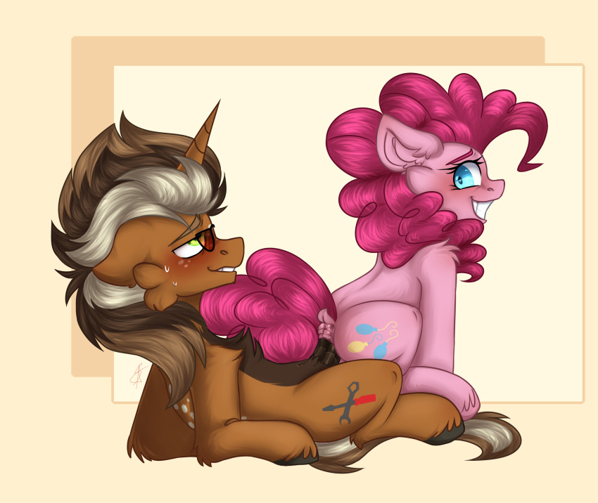 cutie_mark duo equid equine female female_on_top feral friendship_is_magic hasbro hi_res horn horse looking_back looking_pleasured macchiato_(231er34) male male/female mammal my_little_pony mythological_creature mythological_equine mythology on_top pinkie_pie_(mlp) pony severe_acrophobia shaded simple_background unicorn