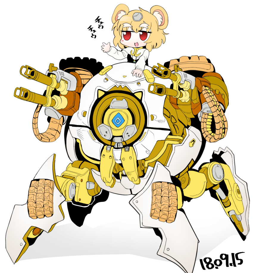 1girl animal_ears black_vest blonde_hair blush commentary_request cookie_(touhou) dated gun hammond_(overwatch) highres machine_gun mecha medium_bangs mouse_ears mouse_girl nazrin nyon_(cookie) open_mouth overwatch overwatch_1 red_eyes robot shirt short_hair simple_background smile solo tetugakuzonbi touhou translation_request upper_body vest weapon white_background white_shirt wrecking_ball_(overwatch)