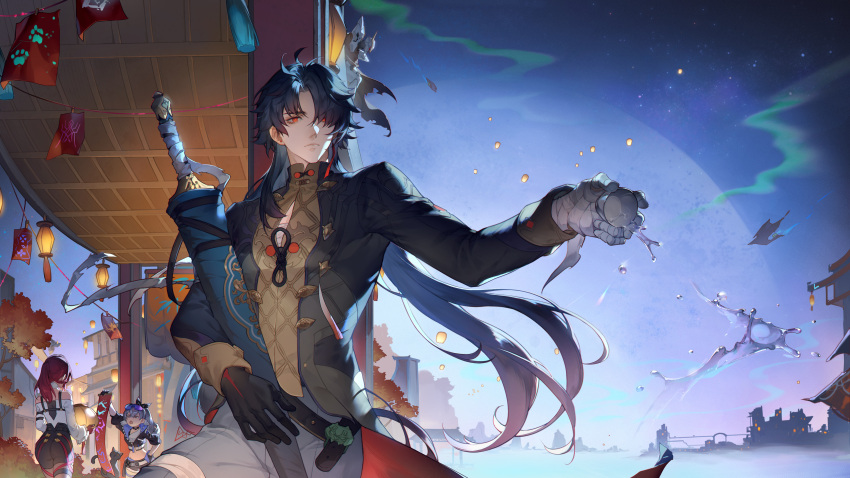 1boy 2girls absurdres architecture arm_up black_jacket black_shorts blade_(honkai:_star_rail) blue_hair blue_jacket blue_sky chinese_commentary commentary_request cowboy_shot cropped_jacket drill_hair east_asian_architecture facing_away fog frown gradient_hair grey_hair hair_over_one_eye hand_on_own_hip high-waist_shorts highres holding holding_sword holding_weapon honkai:_star_rail honkai_(series) jacket kafka_(honkai:_star_rail) lantern long_hair multicolored_hair multiple_girls outdoors outstretched_hand paw_print ponytail purple_hair red_eyes red_hair shirt shorts silver_wolf_(honkai:_star_rail) sky spacecraft spade-m sword weapon white_shirt yellow_shirt