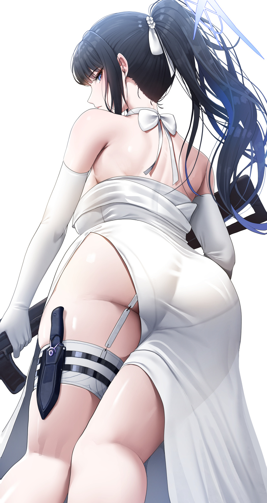 1girl absurdres ass black_hair blue_archive blue_eyes blue_halo blush closed_mouth doyoon_7 dress feet_out_of_frame from_behind gloves gun halo highres holding holding_gun holding_weapon kneepits knife long_hair looking_at_viewer looking_back pantylines saori_(blue_archive) saori_(dress)_(blue_archive) simple_background solo weapon white_background white_dress white_gloves