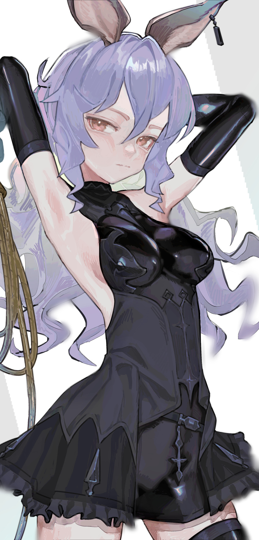 1girl absurdres animal_ears black_bridal_gauntlets black_dress black_thighhighs blue_hair bridal_gauntlets cropped_legs double-parted_bangs dress earrings ferry_(granblue_fantasy) granblue_fantasy highres holding holding_whip jewelry long_hair orange_eyes rabbit_ears rabbit_girl saaal653 sidelocks standing thighhighs wavy_hair