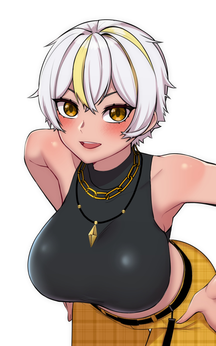1girl 7a_(se7ena) bare_shoulders belt black_belt black_shirt blonde_hair blush breasts chain chain_necklace covered_collarbone gold_chain gold_necklace hands_on_own_hips highres jewelry large_breasts leaning_forward luvdia multicolored_hair necklace open_mouth pants park_dona plaid plaid_pants shirt sleeveless sleeveless_shirt solo streaked_hair teeth unmoving_pattern upper_teeth_only virtual_youtuber white_hair yellow_eyes yellow_pants