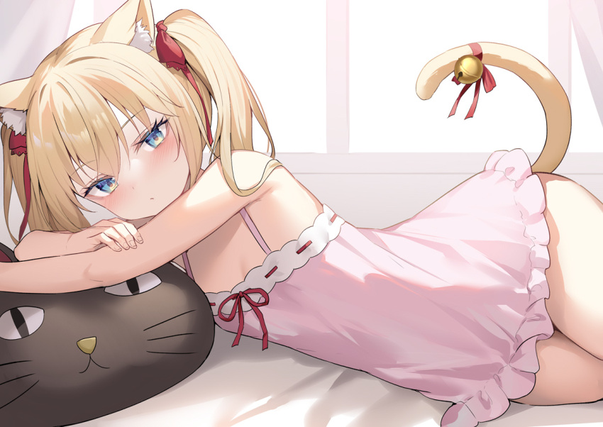 1girl alexmaster animal-shaped_pillow animal_ear_fluff animal_ears bell blonde_hair blue_eyes blush breasts cat-shaped_pillow cat_ears cat_girl cat_tail closed_mouth commentary_request dress hair_ribbon long_hair looking_at_viewer lying on_side original purple_dress red_ribbon revision ribbon small_breasts solo tail tail_bell tail_ornament tail_ribbon twintails