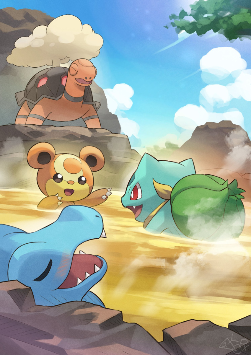 animal_focus blue_skin blue_sky blush bright_pupils bulbasaur claws closed_eyes cloud colored_skin commentary_request crocodilian green_skin hakkentai_pokedan highres no_humans on_rock onsen open_mouth outdoors pokemon pokemon_(creature) pokemon_mystery_dungeon pokemon_mystery_dungeon:_explorers_of_time/darkness/sky red_eyes sharp_teeth sky smile steam sunlight teddiursa teeth torkoal totodile white_pupils