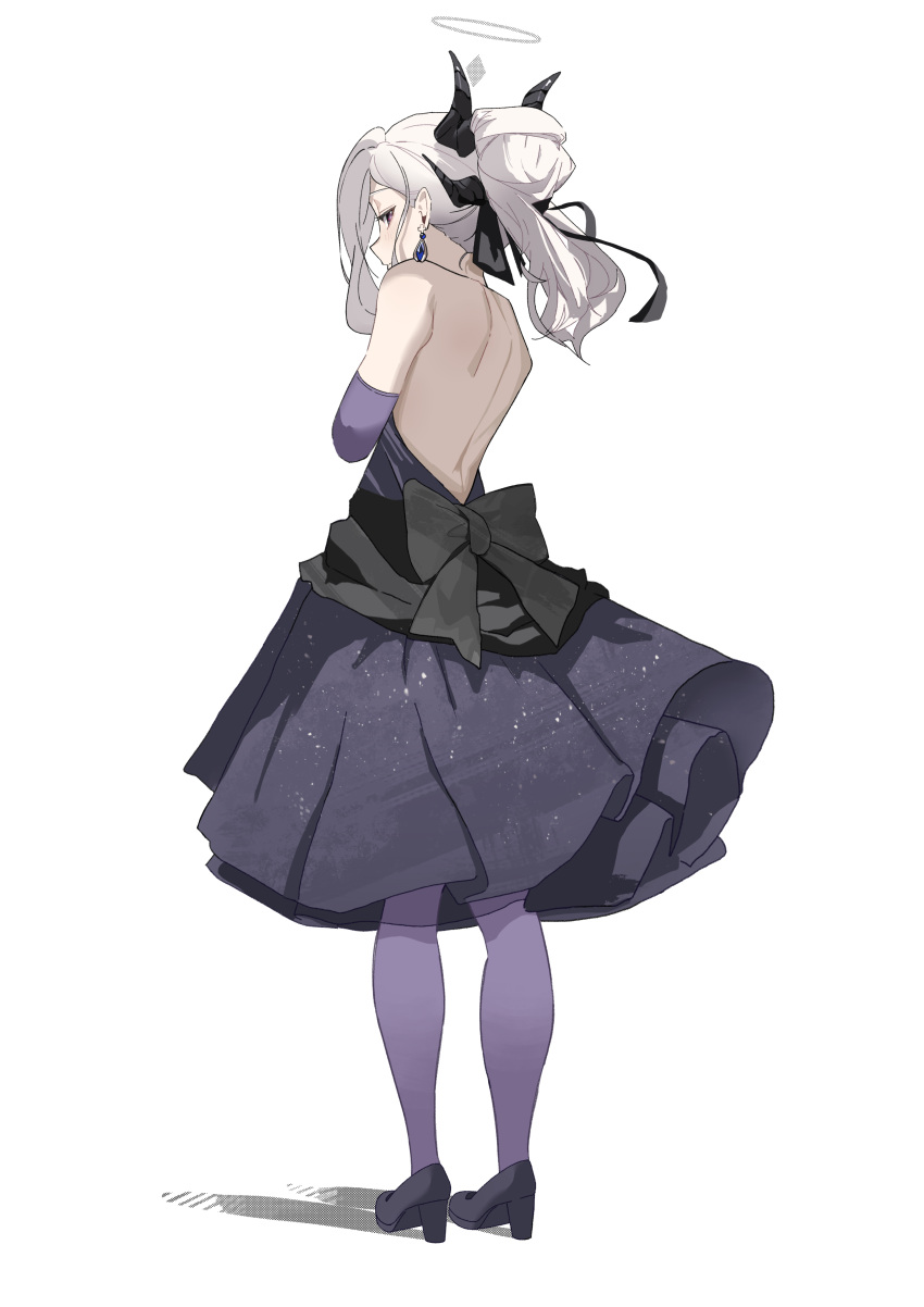 1girl absurdres backless_dress backless_outfit bare_back blue_archive commentary demon_horns dress elbow_gloves from_behind full_body gloves halo high_heels highres hina_(blue_archive) hina_(dress)_(blue_archive) horns long_hair looking_at_viewer looking_back official_alternate_costume pantyhose purple_eyes purple_pantyhose simple_background solo standing white_background white_hair yamashi_e