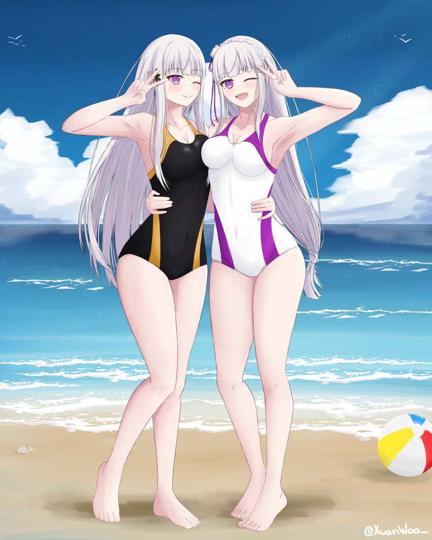 absurdres armpits ball barefoot beach beachball breasts cleavage emilia_(re:zero) hand_on_another's_stomach highres long_hair looking_at_viewer navel ocean one-piece_swimsuit one_eye_closed purple_eyes re:zero_kara_hajimeru_isekai_seikatsu satella_(re:zero) standing swimsuit v xuan