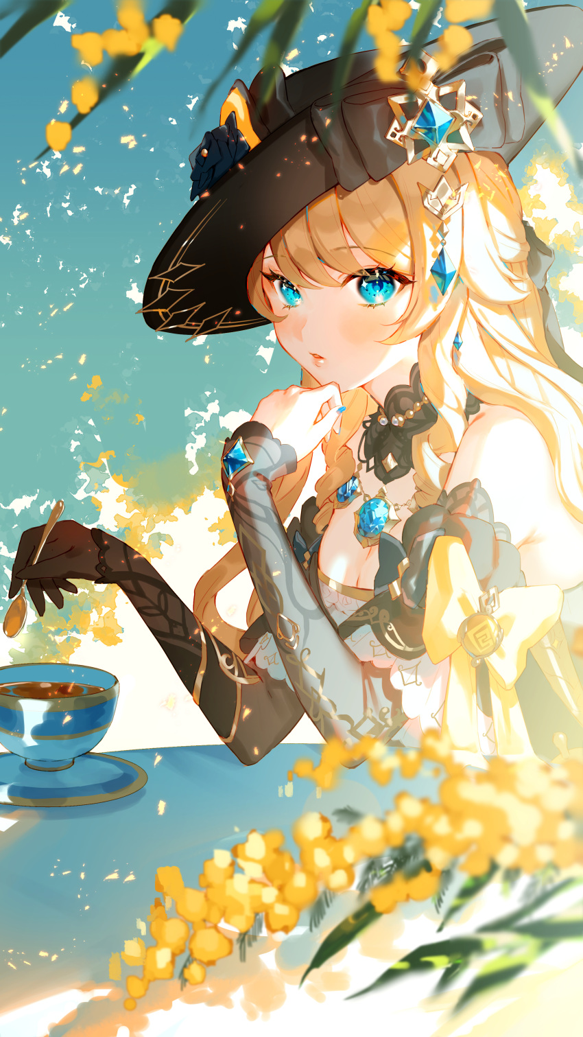 1girl absurdres armpit_crease black_hat black_sleeves blonde_hair blue_eyes breasts cleavage cup detached_sleeves dress drill_hair drill_sidelocks earrings flower genshin_impact hands_up harushio hat hat_flower highres holding holding_spoon jewelry lace-trimmed_collar lace_trim long_hair looking_at_viewer medium_breasts navia_(genshin_impact) parted_lips shade sidelocks solo spoon strapless strapless_dress table tea teacup teaspoon upper_body vision_(genshin_impact)