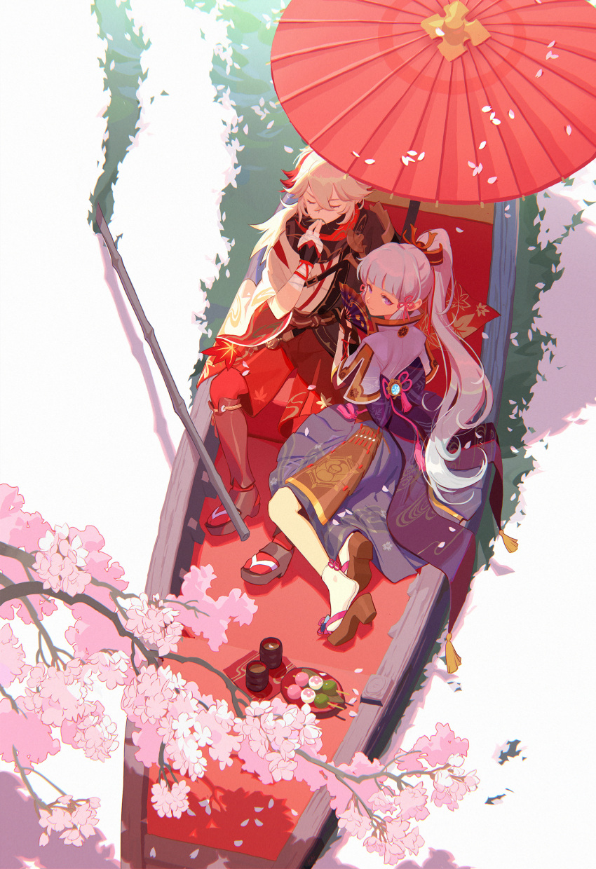 1boy 1girl absurdres back_bow bandaged_hand bandages blue_shirt blue_skirt blunt_bangs boat bow cherry_blossoms closed_eyes closed_mouth commentary crossed_bangs cup dango food from_above genshin_impact grey_hair hair_ribbon hakama hakama_shorts hand_fan hand_up highres holding holding_fan holding_leaf japanese_clothes kaedehara_kazuha kamisato_ayaka leaf leaf_flute leaf_print long_hair looking_at_viewer looking_back maple_leaf_print multicolored_hair petals ponytail purple_eyes red_hair red_shorts ribbon shirt shorts sitting skirt socks tassel teacup tree tress_ribbon two-tone_hair very_long_hair vision_(genshin_impact) wagashi wangjiekai water watercraft white_socks wide_shot