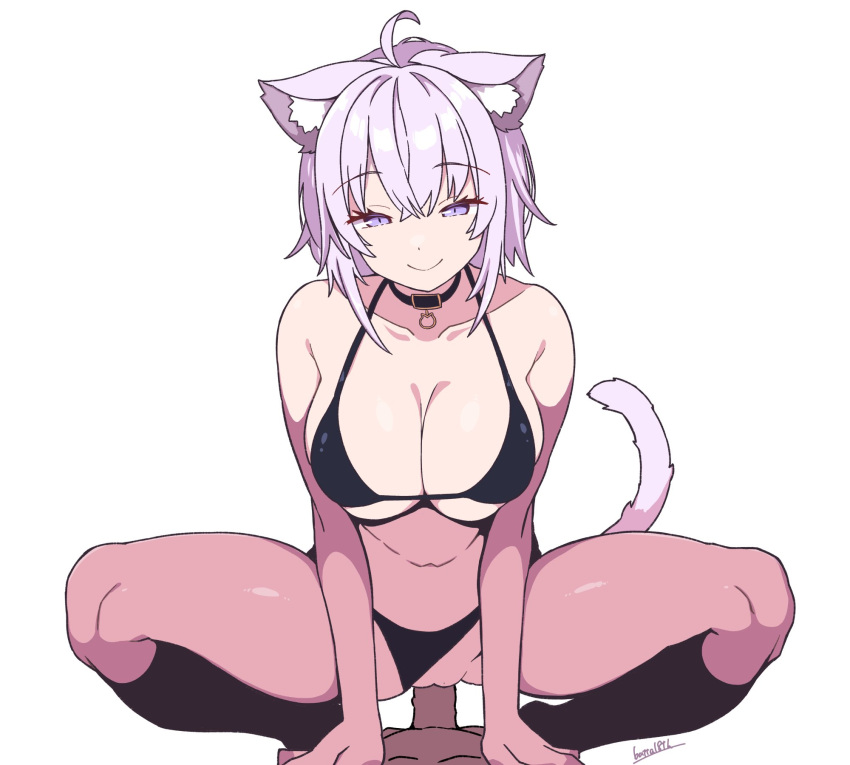 ahoge animal_humanoid batta18th bedroom_eyes big_breasts bra breasts cat_humanoid clothing collar duo eyebrow_through_hair eyebrows felid felid_humanoid feline feline_humanoid female genitals hair hi_res hololive human humanoid looking_at_viewer male male/female mammal mammal_humanoid narrowed_eyes okayu_nekomata panties penetration penis purple_eyes purple_hair seductive sex signature simple_background smile smiling_at_viewer straddling tail text thick_thighs translucent translucent_hair underwear vaginal vaginal_penetration vtuber