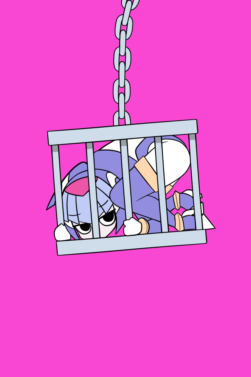 1girl absurdres black_eyes blue_helmet cage chibi derivative_work fairy_leviathan_(mega_man) forehead_jewel highres in_cage mega_man_(series) mega_man_zero_(series) pink_background rabbit_hole_(vocaloid) simple_background solo yozzzeh