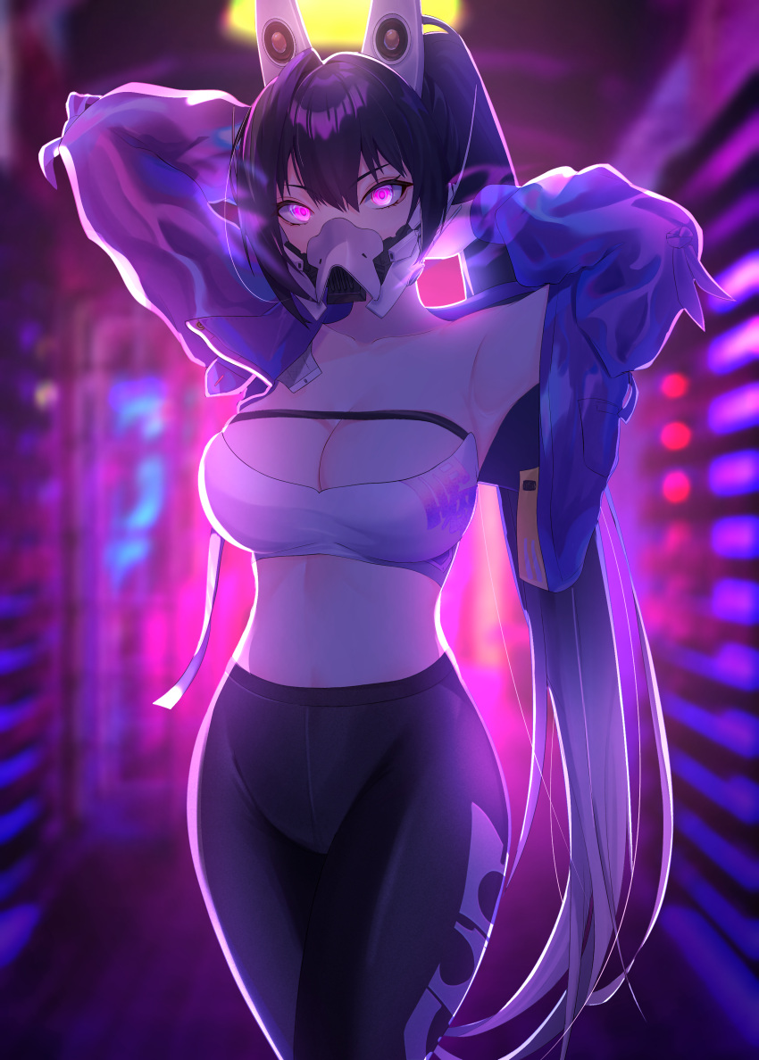 1girl absurdres anzusouda armpits arms_behind_head arms_up bandeau black_hair black_pants breasts cleavage collarbone commentary_request covered_mouth cowboy_shot glowing glowing_eyes goddess_of_victory:_nikke hair_between_eyes headgear high-waist_pants high_ponytail highres indoors jacket long_hair looking_at_viewer mask medium_breasts midriff mouth_mask off_shoulder pants purple_eyes purple_jacket sidelocks sin_(nikke) single_bare_shoulder smoke solo standing strapless very_long_hair white_bandeau yoga_pants
