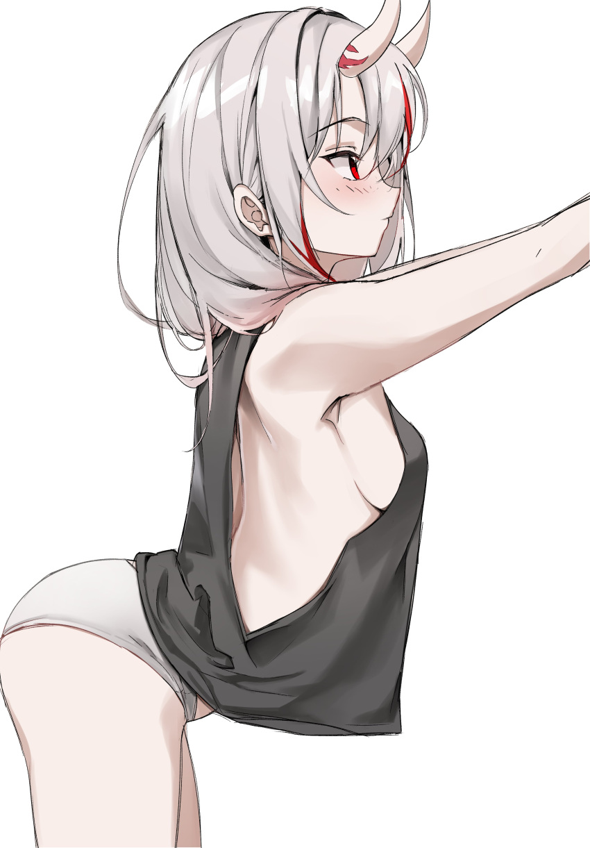1girl absurdres ass bare_arms bent_over black_shirt blush breasts cowboy_shot from_side grey_hair highres hololive horns long_hair looking_afar looking_ahead medium_breasts multicolored_hair nakiri_ayame no_pants panties profile red_eyes red_hair scarlet_(wv0102) shirt sideboob simple_background skin-covered_horns sleeveless sleeveless_shirt solo streaked_hair underwear virtual_youtuber white_background white_panties