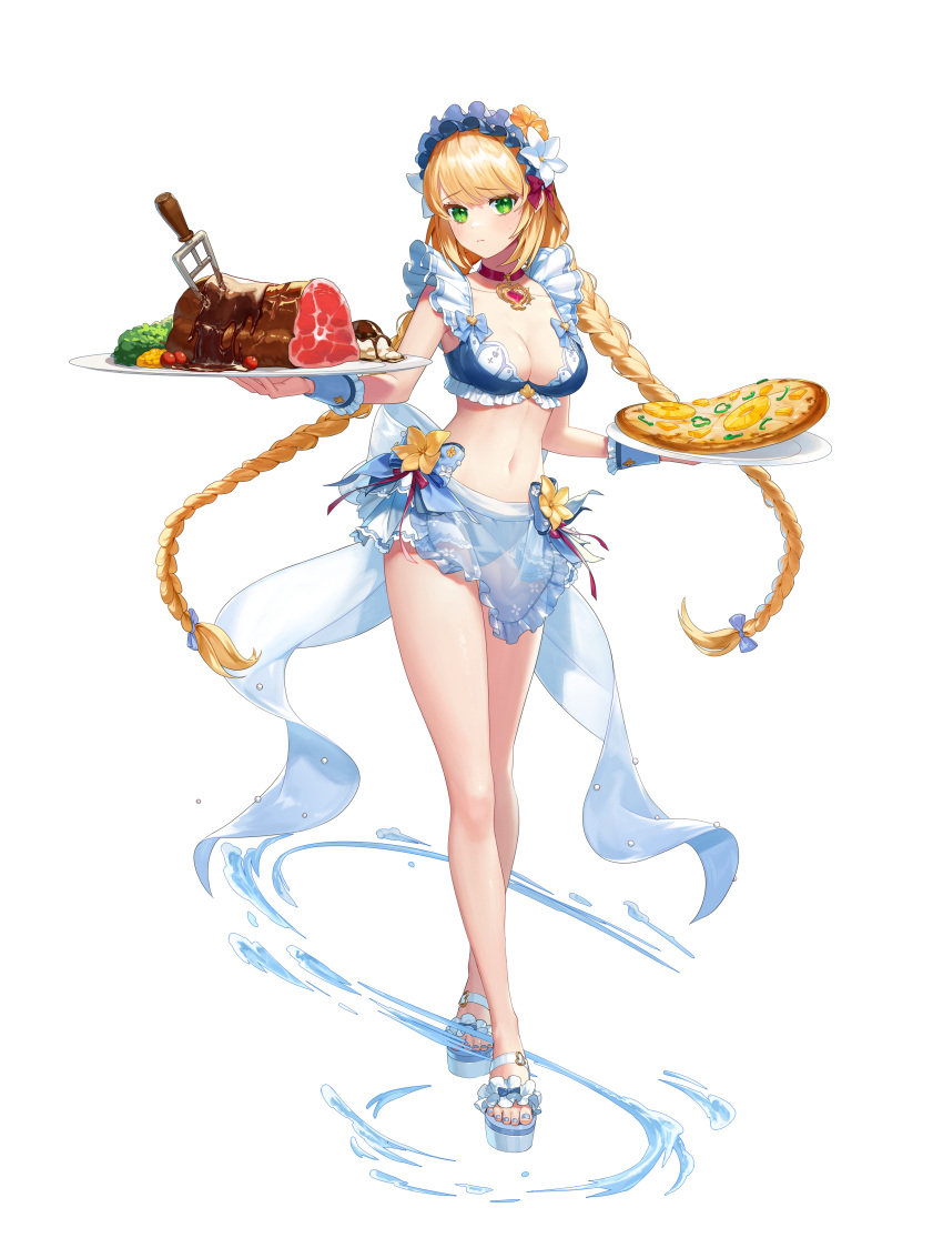 1girl absurdres bikini blonde_hair braid breasts choker cleavage dual-personality_maid_amy food full_body game_cg green_eyes guardian_tales headband highres holding holding_food long_hair looking_at_viewer medium_breasts navel official_art solo standing stomach swimsuit tachi-e transparent_background underwear