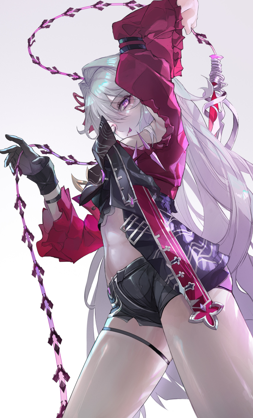 1girl absurdres arm_up armpits black_gloves black_shorts breasts chain_whip closed_mouth crop_top frilled_shirt frills from_side gloves hair_intakes hand_up highres honkai_(series) honkai_impact_3rd long_hair long_sleeves looking_at_viewer looking_down medium_breasts micro_shorts midriff navel off_shoulder one_eye_closed pink_eyes pink_shirt shirt short_shorts shorts single_glove skindentation smile solo stomach thelema_(honkai_impact) thigh_strap thighs tongue tongue_out turbulence very_long_hair white_hair wristband zipper