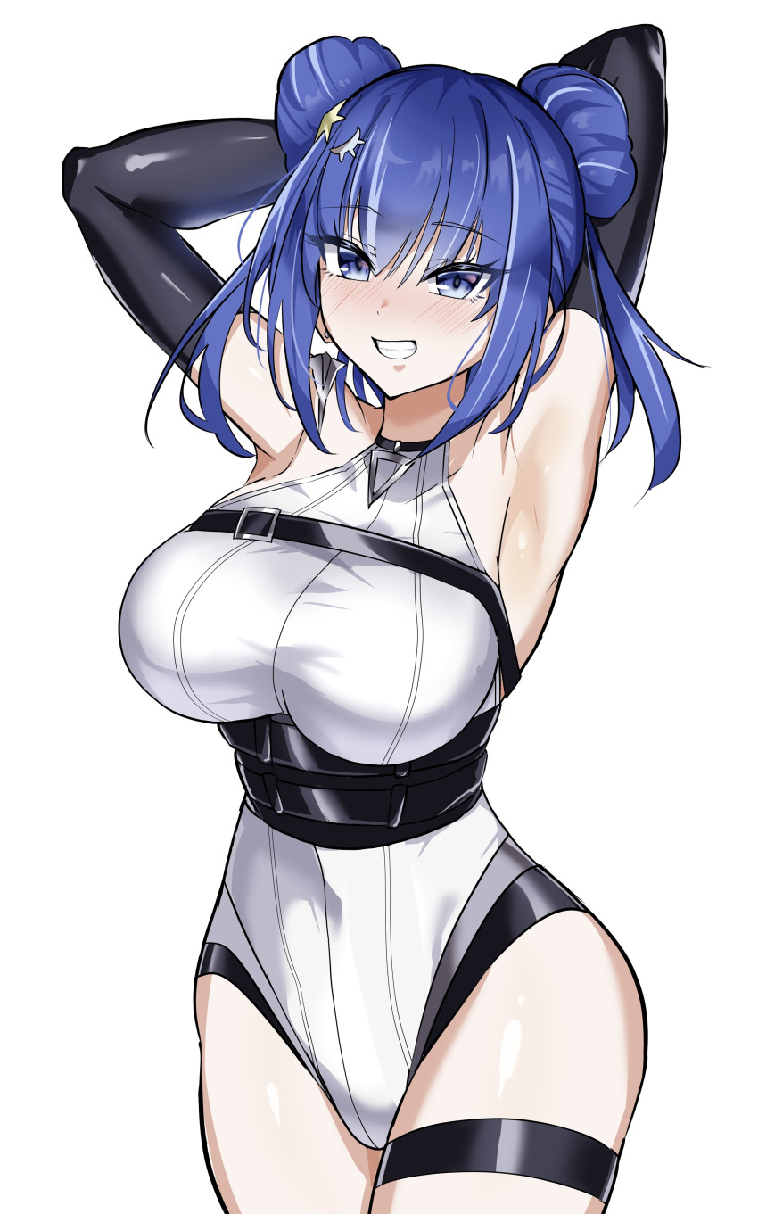1girl absurdres armpits blue_eyes blue_hair breasts chest_belt cowboy_shot double_bun duel_monster evil_twin_lil-la hair_bun highres large_breasts leg_belt lil-la_(yu-gi-oh!) looking_at_viewer official_alternate_costume short_hair smile synchroman white_background yu-gi-oh!
