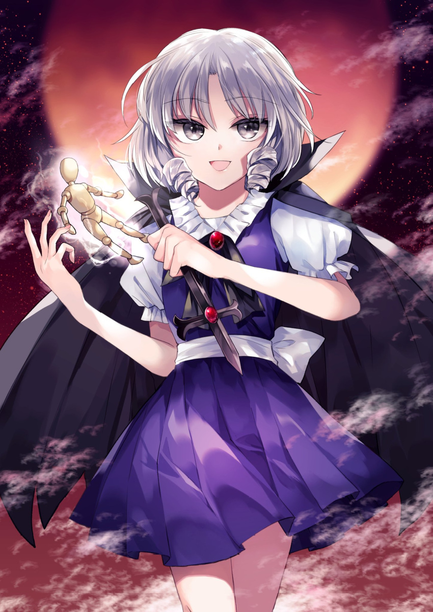 1girl :d black_cape black_ribbon cape collared_shirt commentary_request commission cowboy_shot cross drill_hair drill_sidelocks frilled_shirt_collar frills full_body gem grey_eyes grey_hair high_collar highres holding holding_cross katayama_kei muse_(seihou) neck_ribbon outdoors puffy_short_sleeves puffy_sleeves purple_skirt purple_vest ribbon sash seihou shirt short_hair short_sleeves sidelocks skeb_commission skirt smile solo steam vest voodoo_doll white_sash white_shirt
