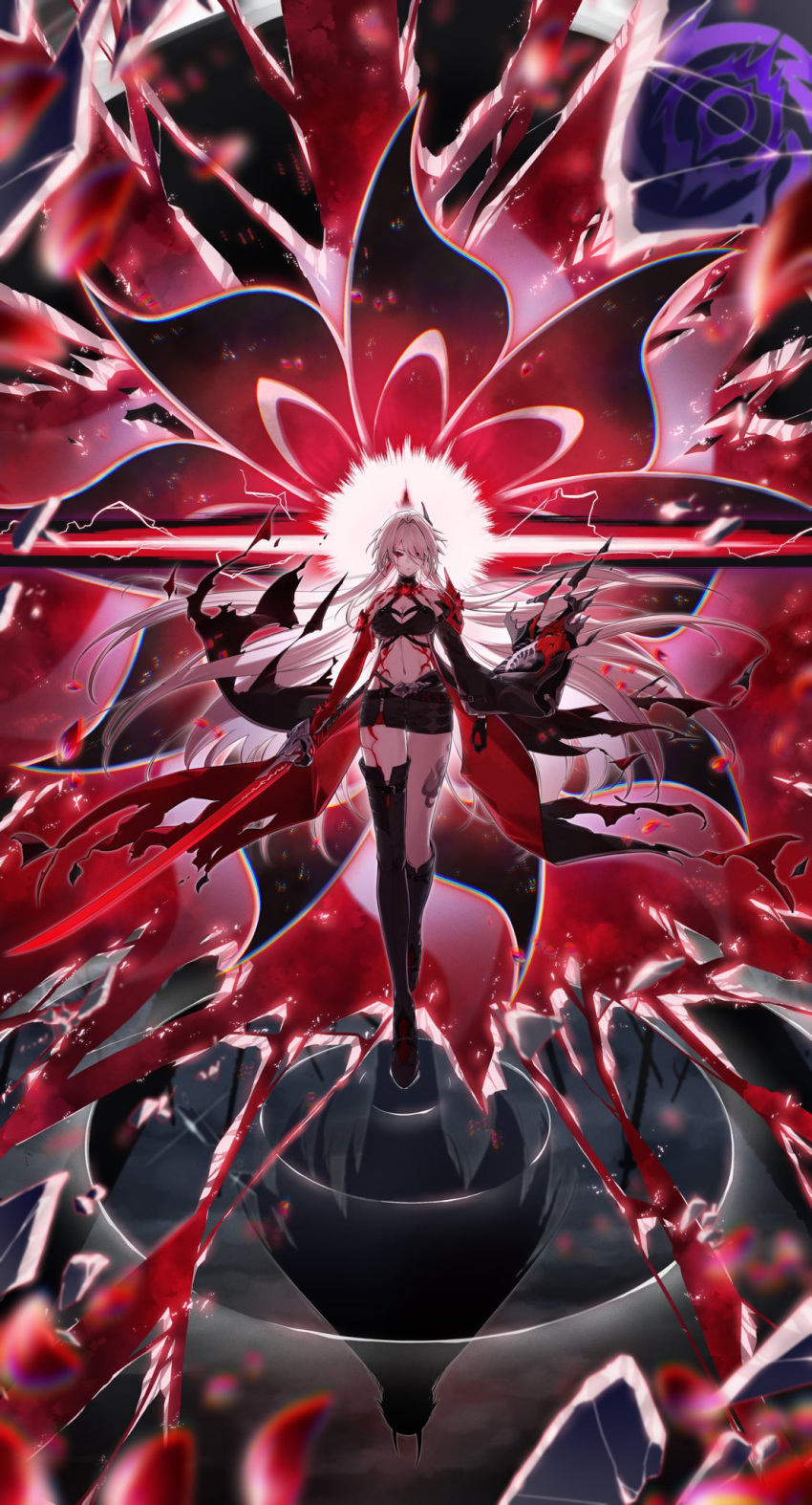 1girl acheron_(honkai:_star_rail) alternate_form asymmetrical_footwear bare_shoulders black_footwear black_gloves black_shorts black_sleeves body_markings boots breasts broken_glass cleavage colored_skin commentary detached_sleeves glass gloves highres holding holding_sword holding_weapon honkai:_star_rail honkai_(series) large_breasts leg_tattoo long_hair long_sleeves multicolored_skin navel red_skin red_theme shorts single_glove single_sleeve solo sword taiju_(gr09kuma) tattoo thigh_boots transformation weapon white_hair wide_sleeves