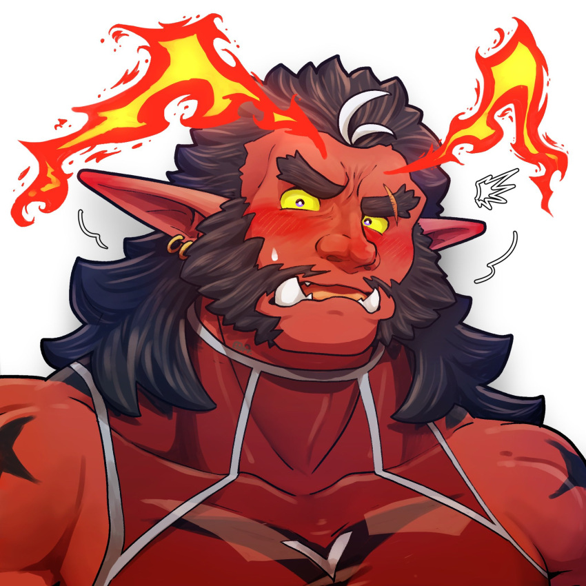 1boy ^^^ astar_(live_a_hero) bara blush colored_sclera colored_skin demon_boy fiery_horns forked_eyebrows highres horns huge_eyebrows large_pectorals live_a_hero looking_at_viewer male_focus mature_male monster_boy muscular muscular_male mutton_chops ogre pectorals pencil_mustache pointy_ears red_skin sanpaku shy sidepec solo streaked_beard tanaka_no_azumi tusks upper_body yellow_sclera