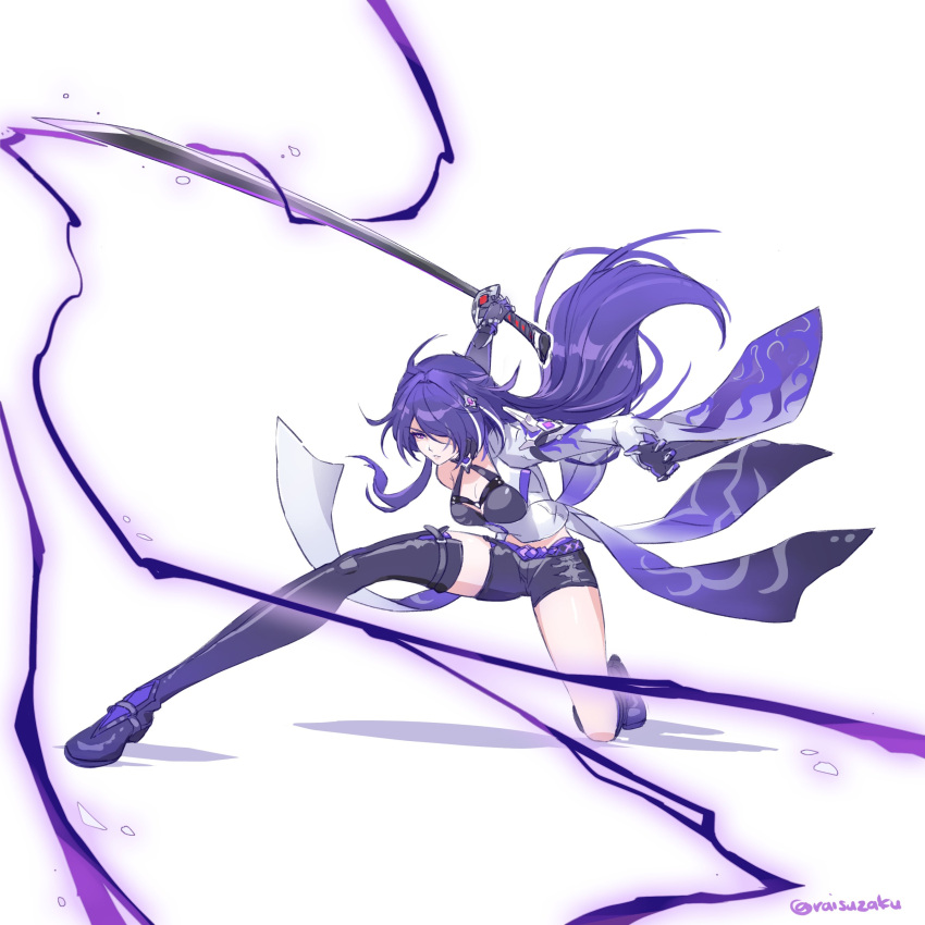 1girl absurdres acheron_(honkai:_star_rail) asymmetrical_footwear black_footwear black_shorts boots breasts cleavage commentary gloves highres holding holding_sword holding_weapon honkai:_star_rail honkai_(series) katana long_hair medium_breasts midriff multicolored_hair purple_eyes purple_hair raisuzaku short_shorts shorts single_sleeve solo streaked_hair sword thigh_boots thighs very_long_hair weapon white_hair