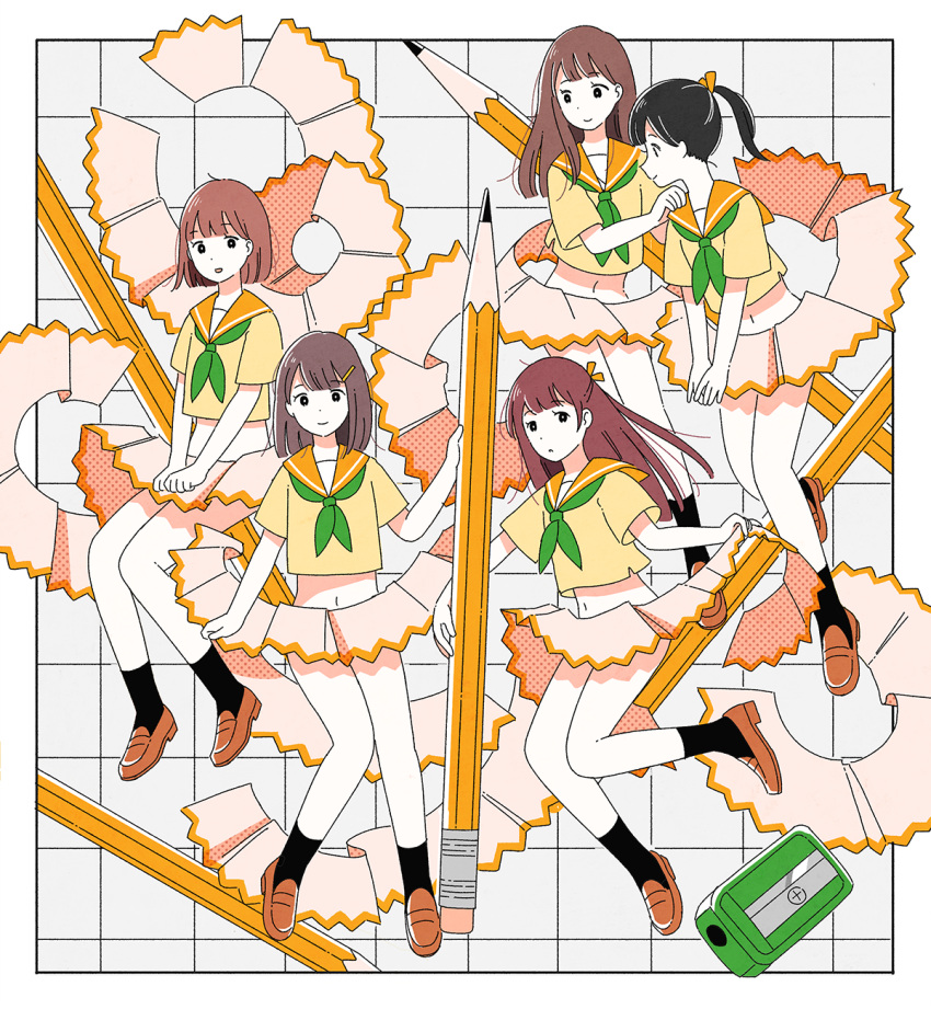 4girls black_hair brown_hair flat_color green_neckerchief highres holding holding_pencil loafers long_hair looking_at_viewer medium_hair multiple_girls navel neckerchief no_pants original pencil pencil_sharpener satou_odori school_uniform serafuku shoes smile socks