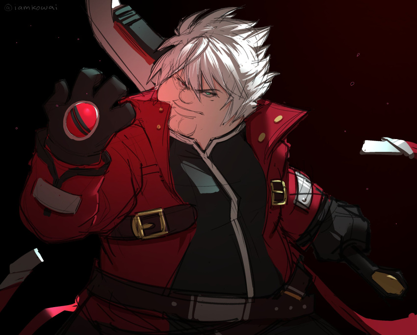 1boy black_gloves black_shirt blazblue cleft_chin closed_mouth coat cosplay family_guy fat fat_man gloves green_eyes hand_up heterochromia highres holding holding_sword holding_weapon kowai_(iamkowai) looking_at_viewer male_focus peter_griffin ragna_the_bloodedge ragna_the_bloodedge_(cosplay) red_coat red_eyes shirt short_hair solo spiked_hair sword weapon white_hair