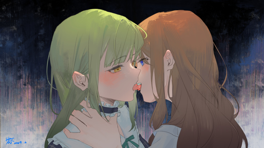 2girls absurdres bang_dream! bang_dream!_it's_mygo!!!!! biting_tongue black_background black_choker blush brown_hair chinese_commentary choker commentary_request dated french_kiss frilled_choker frills green_hair green_ribbon grey_background hand_on_another's_neck highres kiss long_hair looking_at_another multiple_girls nagasaki_soyo neck_ribbon ribbon sailor_collar saliva school_uniform smile tongue tongue_out tsukinomori_school_uniform upper_body wakaba_mutsumi white_sailor_collar yellow_eyes yuan_shuang yuri
