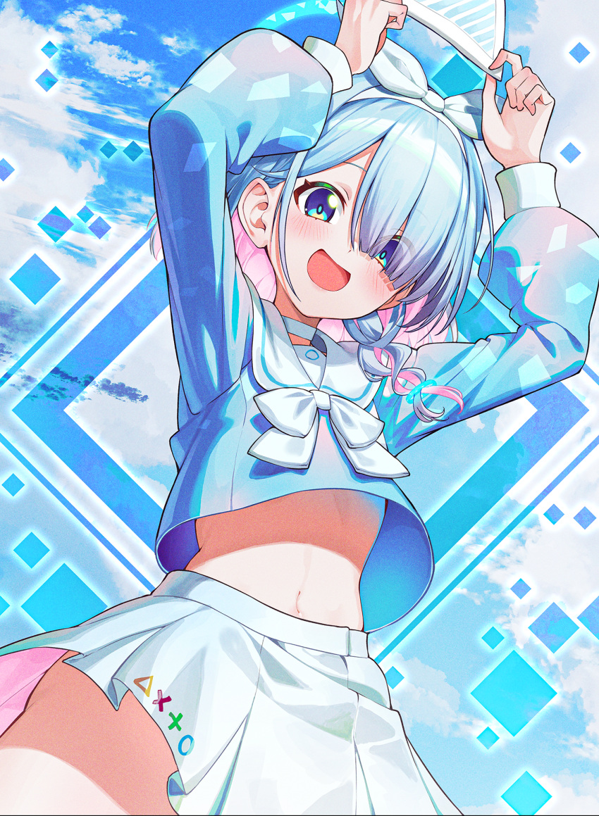 1girl :d arms_up arona_(blue_archive) blue_archive blue_eyes blue_hair blue_shirt blush bow bow_hairband bowtie braid choker colored_inner_hair commentary_request cowboy_shot hair_over_one_eye hairband highres holding kabu_(niniko2ko) long_sleeves looking_at_viewer midriff multicolored_hair navel pink_hair pleated_skirt puffy_long_sleeves puffy_sleeves sailor_collar sailor_shirt school_uniform serafuku shirt short_hair skirt smile solo two-tone_hair white_bow white_bowtie white_choker white_hairband white_skirt