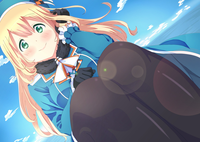 1girl ascot atago_(kancolle) beret black_gloves black_pantyhose blonde_hair blue_dress blue_hat blue_sky blush close-up closed_mouth cloud color_banding commentary day dot_nose dress dutch_angle feet_out_of_frame frilled_sleeves frills gloves green_eyes hair_between_eyes hand_in_own_hair hand_on_own_leg hands_up hat highres kamaboko_uehaasu kantai_collection knees legs_together lens_flare long_hair long_sleeves looking_at_viewer medium_dress outdoors pantyhose sanpaku sky smile solo tareme white_ascot
