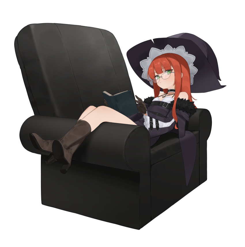 absurdres bare_shoulders belt black_choker black_dress black_footwear black_hat book boots choker commission couch detached_sleeves dress flasso flat_chest glasses green_eyes hat highres long_hair looking_at_viewer on_couch original puffy_sleeves red_hair sitting witch_hat