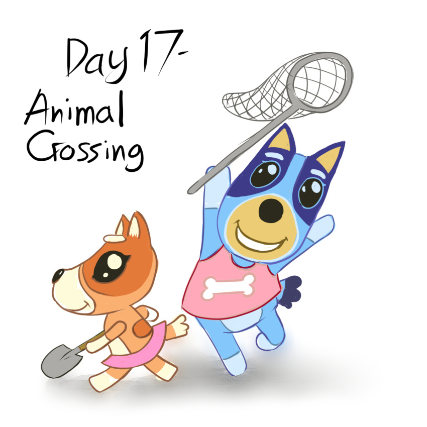 2girls animal_crossing animal_crossing_(style) animal_ears arashi_(44253033) bingo_heeler blue_fur bluey bluey_heeler brown_fur butterfly_net copyright_name crossover dog dog_ears dog_tail hand_net highres holding holding_butterfly_net holding_shovel multiple_girls no_humans parody pink_tank_top shovel simple_background style_parody tail tank_top thick_eyebrows three-toned_fur tutu