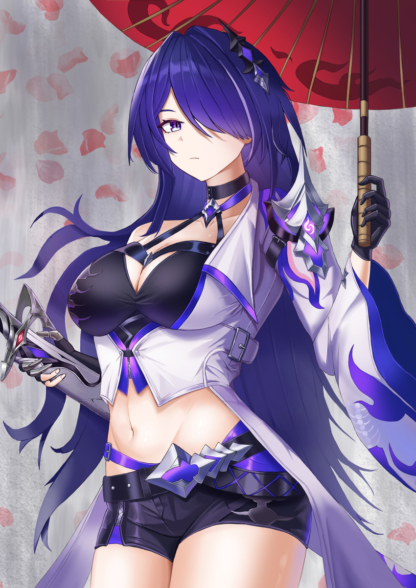 1girl absurdres acheron_(honkai:_star_rail) black_gloves black_shorts breasts coat commentary_request cowboy_shot gloves hair_ornament highres holding holding_sword holding_umbrella holding_weapon honkai:_star_rail honkai_(series) katana large_breasts long_hair long_sleeves looking_at_viewer midriff navel oil-paper_umbrella purple_eyes purple_hair red_umbrella scabbard sheath sheathed short_shorts shorts single_bare_shoulder single_sleeve solo standing stomach sword thighs umbrella vavamva very_long_hair weapon white_coat