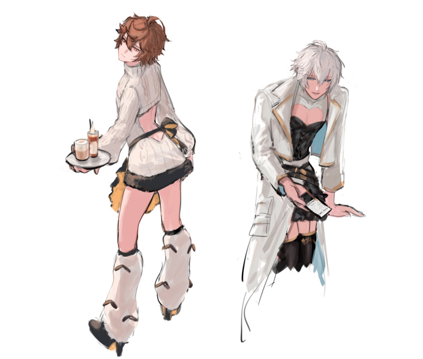 2boys ahoge apron back_cutout bishounen black_dress blue_eyes borrowed_clothes breasts brown_hair cereu57 cleavage cleavage_cutout clothing_cutout coffee cosplay costume_switch cropped_jacket crossdressing dress english_commentary fediel_(granblue_fantasy) from_behind galleon_(granblue_fantasy) garter_belt granblue_fantasy hair_between_eyes high_heels highres holding holding_tray invisible_table leaning_forward looking_back lucifer_(shingeki_no_bahamut) male_focus messy_hair multiple_boys red_eyes ribbed_dress sandalphon_(granblue_fantasy) short_hair sketch tray turtleneck waist_apron white_background white_hair