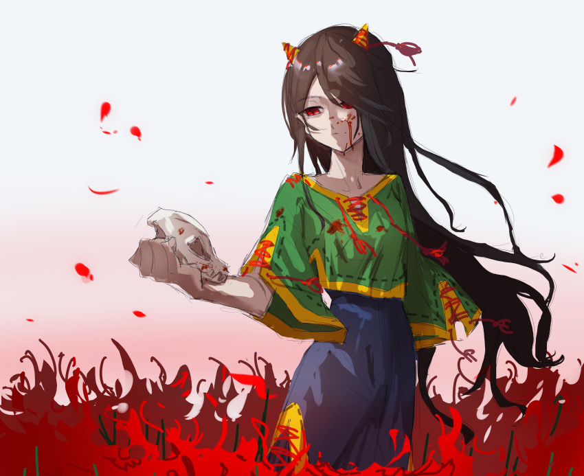 1girl absurdres animal_skull black_hair blood blood_on_clothes blood_on_face blue_pants chinese_commentary closed_mouth commentary_request cone_horns green_shirt highres holding holding_skull horns long_hair nippaku_zanmu pale_skin pants red_eyes ribbon-trimmed_shirt ribbon-trimmed_sleeves ribbon_trim shirt short_sleeves sketch skull solo touhou voyager13 wide_sleeves yellow_horns yellow_trim