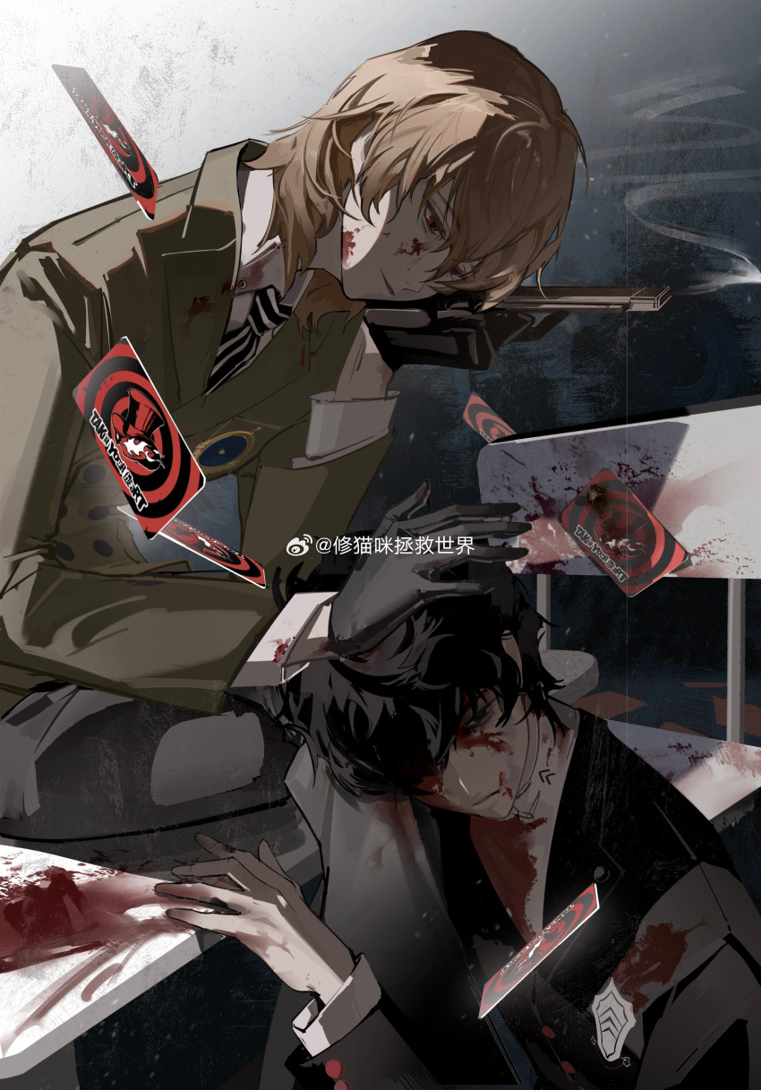 2boys absurdres akechi_gorou amamiya_ren artist_name bad_end bags_under_eyes black_eyes black_gloves black_hair black_jacket black_necktie blood blood_on_clothes blood_on_face brown_coat brown_hair buttons card chair chinese_commentary coat commentary corpse death double-breasted gloves gun hair_between_eyes handgun highres holding holding_gun holding_weapon indoors jacket long_sleeves looking_at_another male_focus multiple_boys murder necktie null_321 on_table parted_lips persona persona_5 red_eyes school_uniform shirt short_hair shuujin_academy_school_uniform sitting sitting_on_table smoke smoking_gun spoilers striped_necktie table trigger_discipline turtleneck watermark weapon weibo_logo weibo_username white_shirt