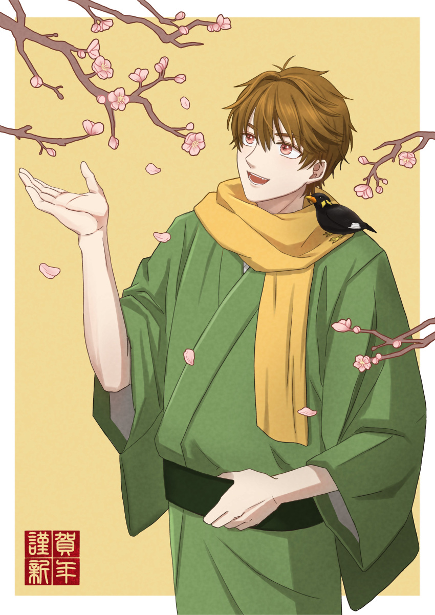 1boy :d absurdres animal animal_on_shoulder bel_3001 bird branch brown_background brown_hair brown_scarf commentary_request flower green_kimono hair_between_eyes hand_up highres japanese_clothes kimono long_sleeves luke_pearce_(tears_of_themis) male_focus petals pink_flower red_eyes scarf smile solo tears_of_themis thick_eyebrows two-tone_background white_background wide_sleeves