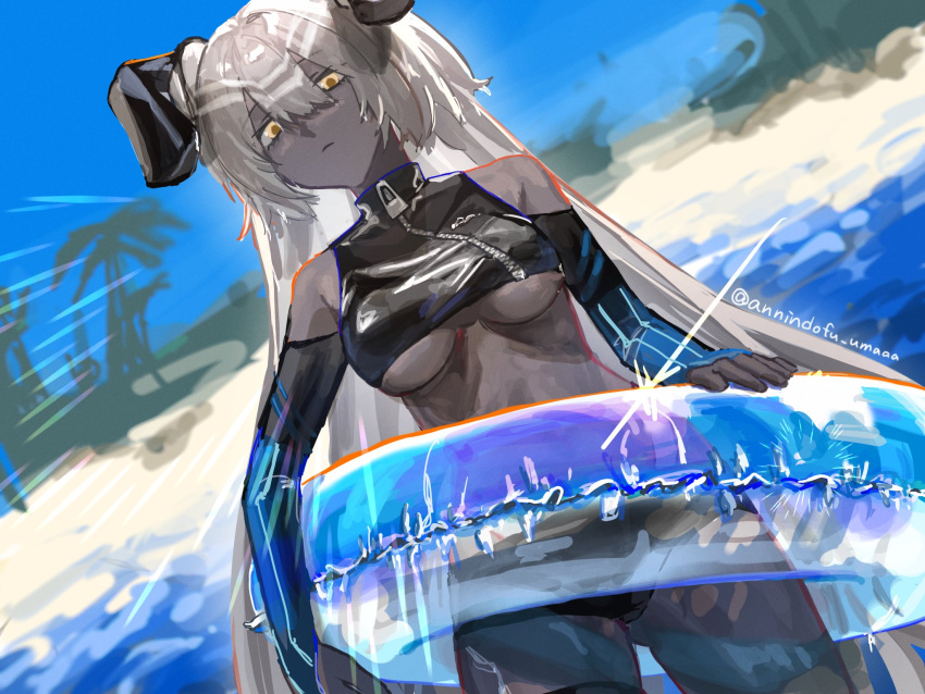 annindofu_umaaa arbiter_strength_viii_(azur_lane) azur_lane beach commission dark-skinned_female dark_skin grey_hair hair_between_eyes highres long_hair siren_(azur_lane) skeb_commission swim_ring swimsuit water