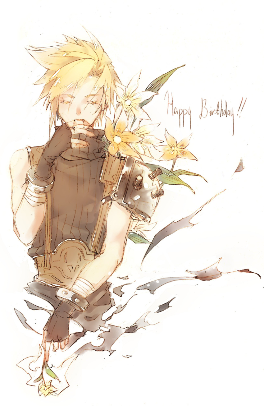 1boy absurdres armor bandaged_arm bandages black_gloves black_pants black_sweater blonde_hair chinese_commentary closed_eyes cloud_strife commentary_request covering_own_mouth cropped_torso english_text fermium.ice final_fantasy final_fantasy_vii fingerless_gloves flower gloves hand_up happy_birthday highres holding holding_flower leather_belt male_focus mixed_media orange_flower pants pauldrons short_hair shoulder_armor single_pauldron sleeveless sleeveless_sweater sleeveless_turtleneck solo spiked_hair suspenders sweater turtleneck turtleneck_sweater upper_body white_background yellow_flower