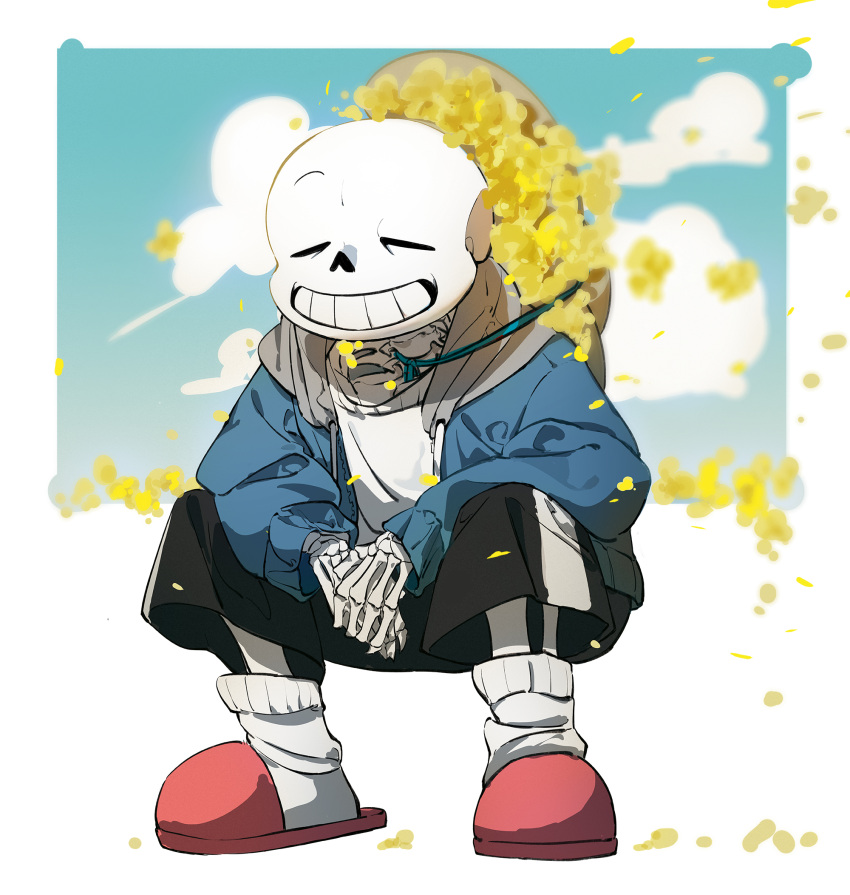 1boy black_shorts closed_eyes grin guangchenren highres hood hooded_jacket jacket open_clothes open_jacket own_hands_together petals pink_footwear sans shorts skeleton sky slippers smile socks solo solo_focus squatting teeth undertale