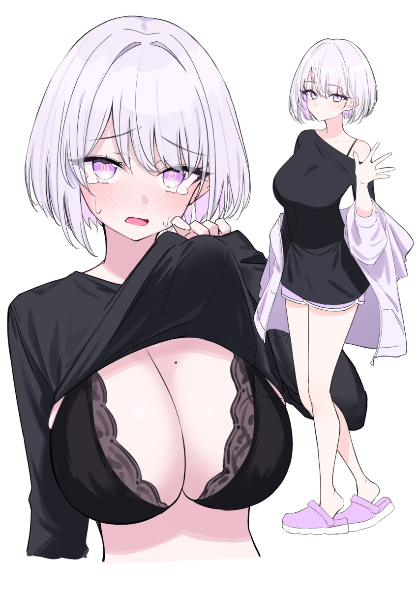1girl black_bra black_shirt blush bob_cut bra breasts clothes_lift dolphin_shorts full_body grey_hair highres hood hoodie ichiki_1 large_breasts lifted_by_self looking_at_viewer mole mole_on_breast off_shoulder open_mouth original purple_footwear purple_hoodie purple_shorts shirt shirt_lift short_shorts shorts simple_background single_off_shoulder solo tears underwear white_background