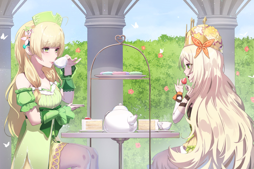 2girls absurdres atelier_(series) atelier_ayesha ayesha_altugle bare_shoulders blonde_hair blue_sky cake celine_(fire_emblem) commentary commission crown cup dress fire_emblem fire_emblem_engage food fruit green_dress green_eyes highres holding holding_cup ilsae long_hair macaron multiple_girls off-shoulder_dress off_shoulder puffy_short_sleeves puffy_sleeves short_sleeves sitting sky strawberry teacup teapot tiered_tray very_long_hair wrist_cuffs