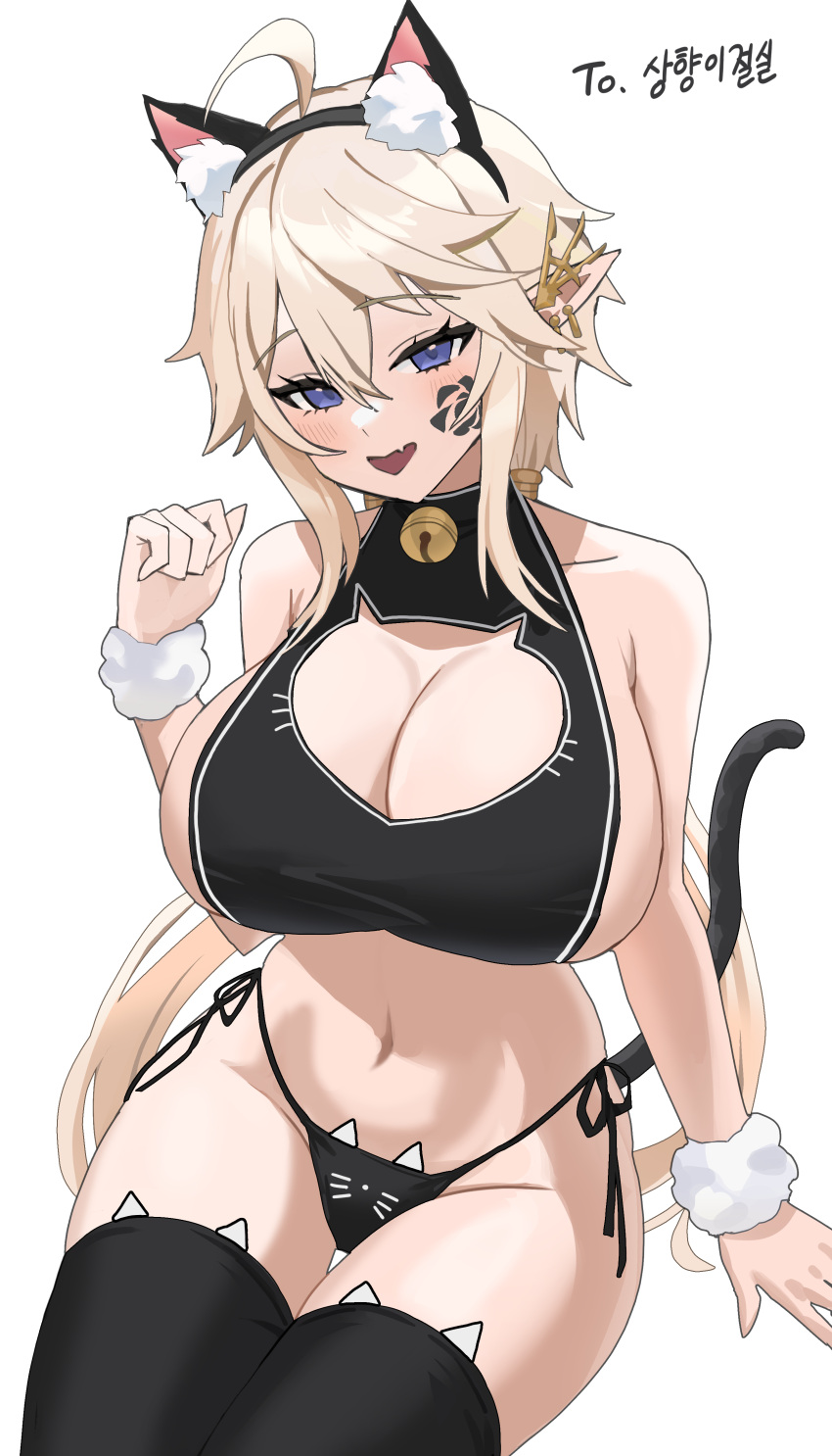 1girl absurdres ahoge animal_ear_fluff animal_ear_legwear animal_ears bare_arms bare_shoulders bell black_bra black_hairband black_panties black_thighhighs blonde_hair blue_eyes bra breasts cat_cutout cat_ear_legwear cat_ear_panties cat_ears cat_lingerie cat_tail cleavage cleavage_cutout clothing_cutout commission ear_piercing facial_mark fake_animal_ears fang hair_between_eyes hairband hand_up highleg highleg_panties highres huge_breasts jingle_bell long_hair looking_at_viewer low_twintails meme_attire navel open_mouth original panties piercing pointy_ears side-tie_panties sideboob sidelocks simple_background sinkee smile solo stomach string_panties tail thigh_gap thighhighs thighs twintails underwear very_long_hair white_background wrist_cuffs