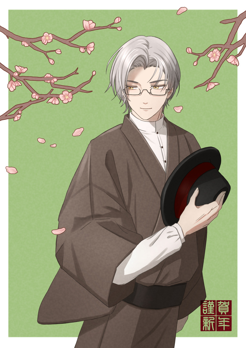 1boy absurdres bel_3001 black_hat branch brown_eyes brown_kimono closed_mouth commentary_request flower forehead glasses green_background grey_hair hat highres holding holding_clothes holding_hat japanese_clothes kimono long_sleeves male_focus parted_bangs petals pink_flower puffy_long_sleeves puffy_sleeves shirt smile solo tears_of_themis two-tone_background unworn_hat unworn_headwear vyn_richter_(tears_of_themis) white_background white_shirt wide_sleeves