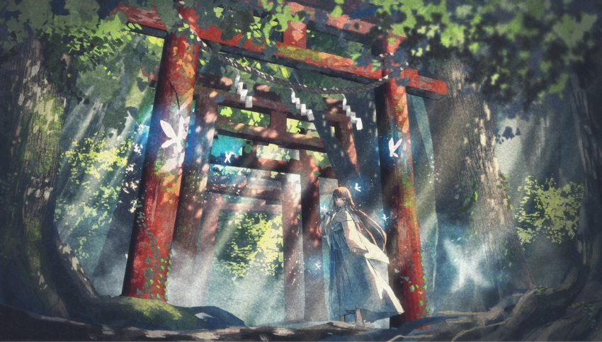 1girl blue_hakama bug butterfly dappled_sunlight foliage forest glowing_butterfly hakama highres japanese_clothes miko nature original scenery shimekake shrine solo standing sunlight torii tree wide_shot