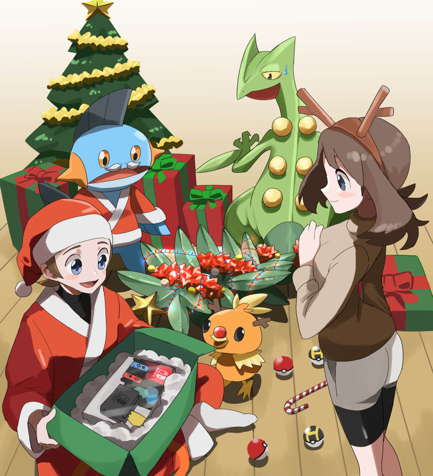 1boy 1girl absurdres antlers baeming blue_eyes box brendan_(pokemon) brown_hair brown_sweater candy candy_cane christmas christmas_ornaments christmas_tree fake_antlers food gift gift_box hat highres horns indian_style marshtomp may_(pokemon) nintendo_switch poke_ball pokemon pokemon_(creature) pokemon_oras reindeer_antlers santa_costume santa_hat sceptile sitting smile sweatdrop sweater torchic