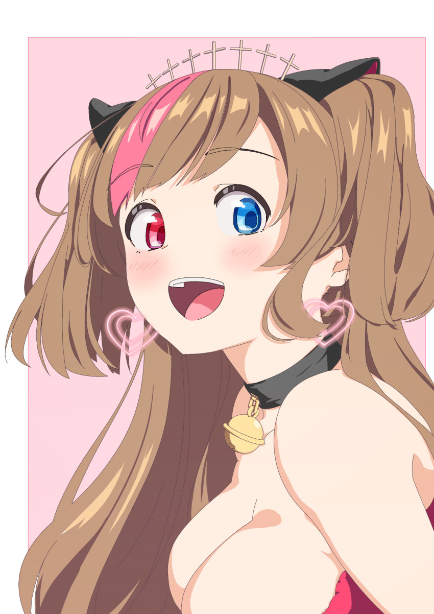 1girl :d bare_shoulders bell black_choker black_ribbon blue_eyes blue_pupils blush border breasts brown_hair choker cleavage commentary cross_hair_ornament earrings from_side girls'_frontline hair_ornament hair_ribbon heart heart_earrings heterochromia highres jewelry jingle_bell kamaboko_uehaasu leaning_forward long_hair looking_at_viewer looking_to_the_side low_neckline mk23_(girls'_frontline) multicolored_hair neck_bell no_nose open_mouth outside_border pink_background pink_hair portrait red_eyes red_pupils ribbon sideways_glance simple_background smile solo streaked_hair teeth two_side_up upper_body upper_teeth_only white_border