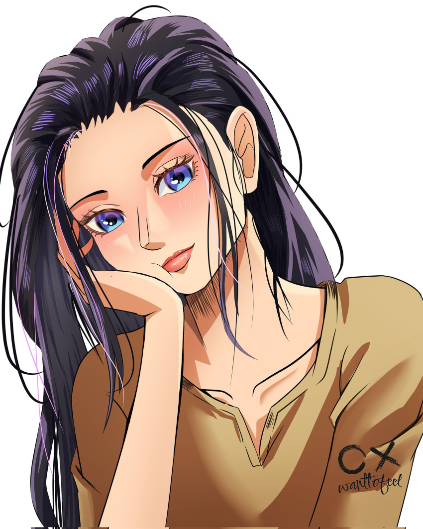 1girl black_hair blue_eyes brown_shirt close-up closed_mouth english_commentary eyelashes frozenover hair_slicked_back hand_on_own_cheek hand_on_own_face highres long_hair looking_at_viewer loose_hair_strand nico_robin one_piece pink_lips shirt sidelocks simple_background solo upper_body white_background