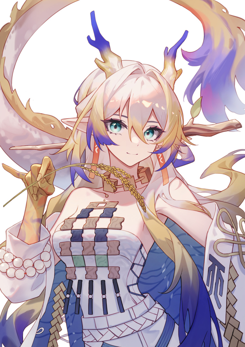 1girl absurdres arknights blonde_hair blue_hair breasts choker commentary_request green_eyes hair_intakes hand_up highres horns jewelry kirby_d_a long_hair looking_at_viewer medium_breasts multicolored_hair necklace pointy_ears revision shu_(arknights) simple_background smile solo strapless tail tube_top upper_body very_long_hair white_background white_hair