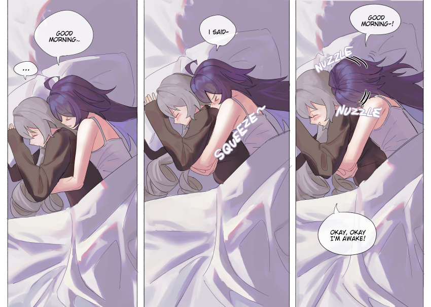 ... 2girls absurdres ahoge bed bed_sheet bronya_rand character_request cuddling elisbian english_text highres honkai:_star_rail honkai_(series) long_hair multiple_girls nuzzle on_bed pajamas pillow purple_hair seele_(honkai:_star_rail) sleeveless white_hair yuri