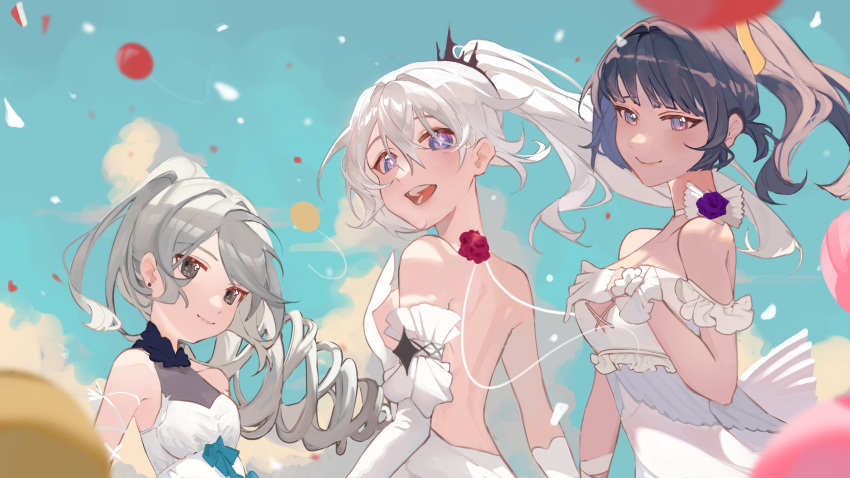 3girls backless_dress backless_outfit balloon bare_shoulders blue_flower blue_rose blue_sky blurry blurry_foreground breasts bronya_zaychik cleavage closed_mouth cloud cloudy_sky dress drill_hair elbow_gloves english_commentary flower gloves grey_eyes grey_hair highres honkai_(series) honkai_impact_3rd htt_(user_phhn3327) kiana_kaslana kiana_kaslana_(herrscher_of_finality) looking_at_viewer looking_back medium_breasts multiple_girls outdoors purple_eyes purple_flower purple_hair purple_rose raiden_mei red_flower red_rose rose sky sleeveless sleeveless_dress smile teeth upper_body upper_teeth_only white_dress white_gloves white_hair
